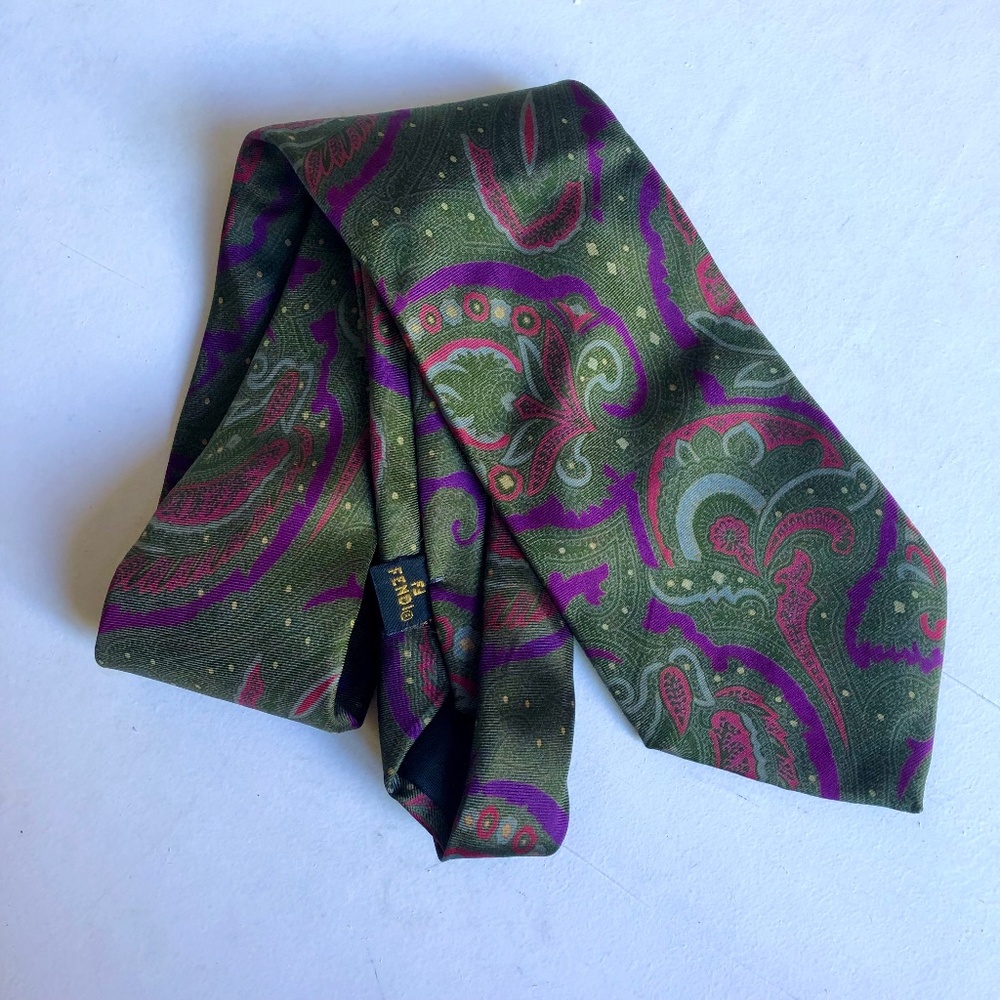 Fendi Green Paisley Silk Neck Tie